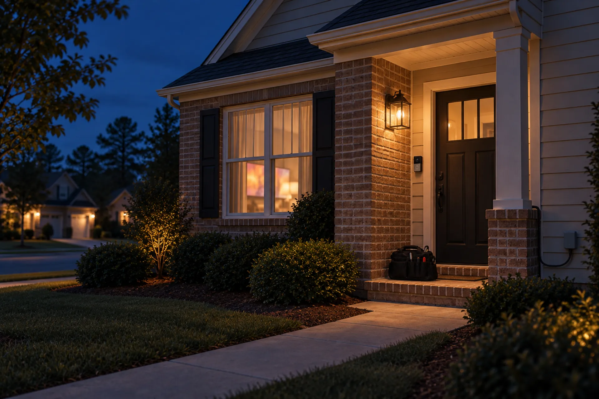 A front porch at dusk: doorbell camera by the door, a fiber service box on the wall, and a television glowing through the window