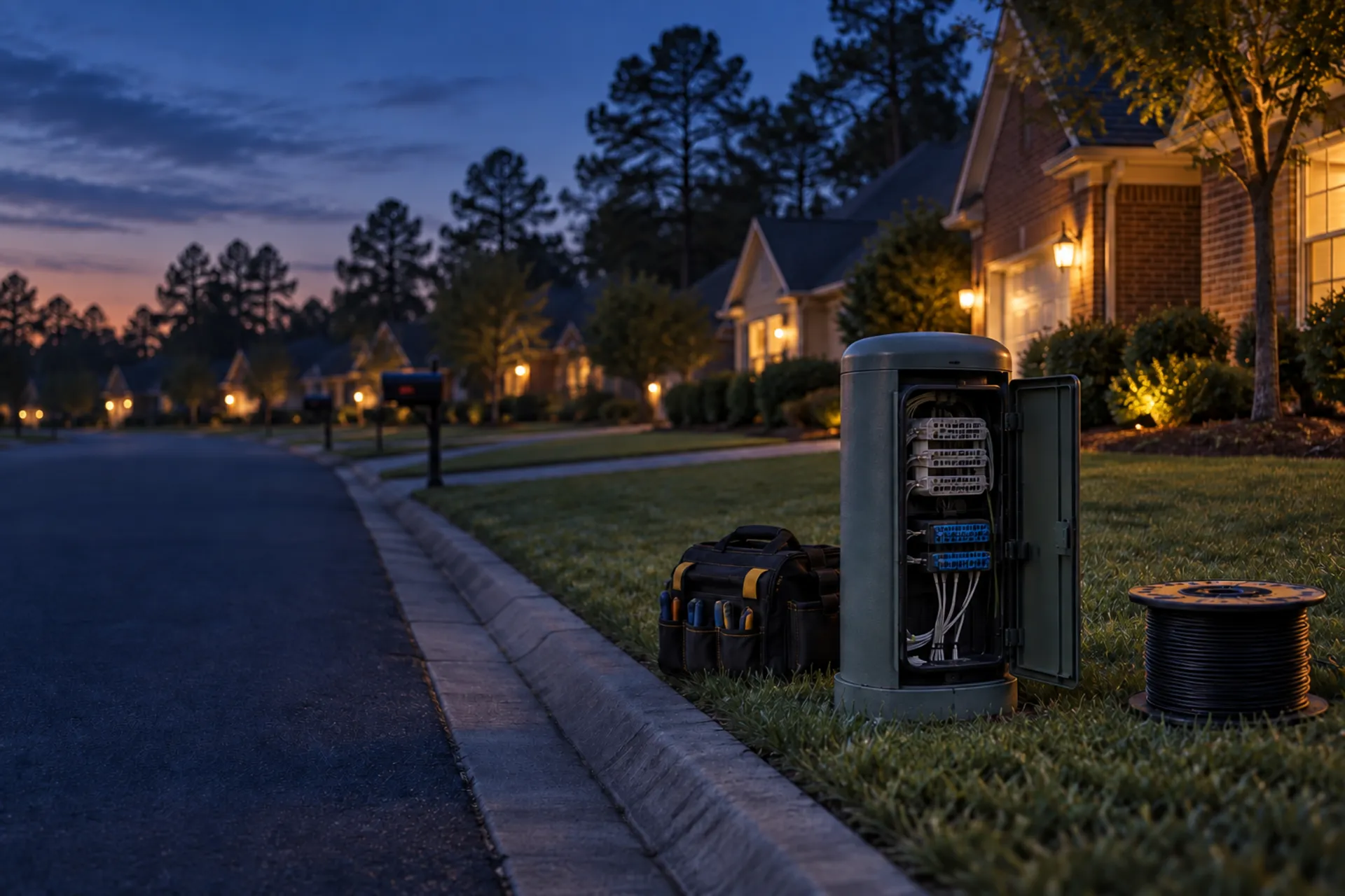 Fiber optic cable cabinet and spool beside a suburban street at dusk