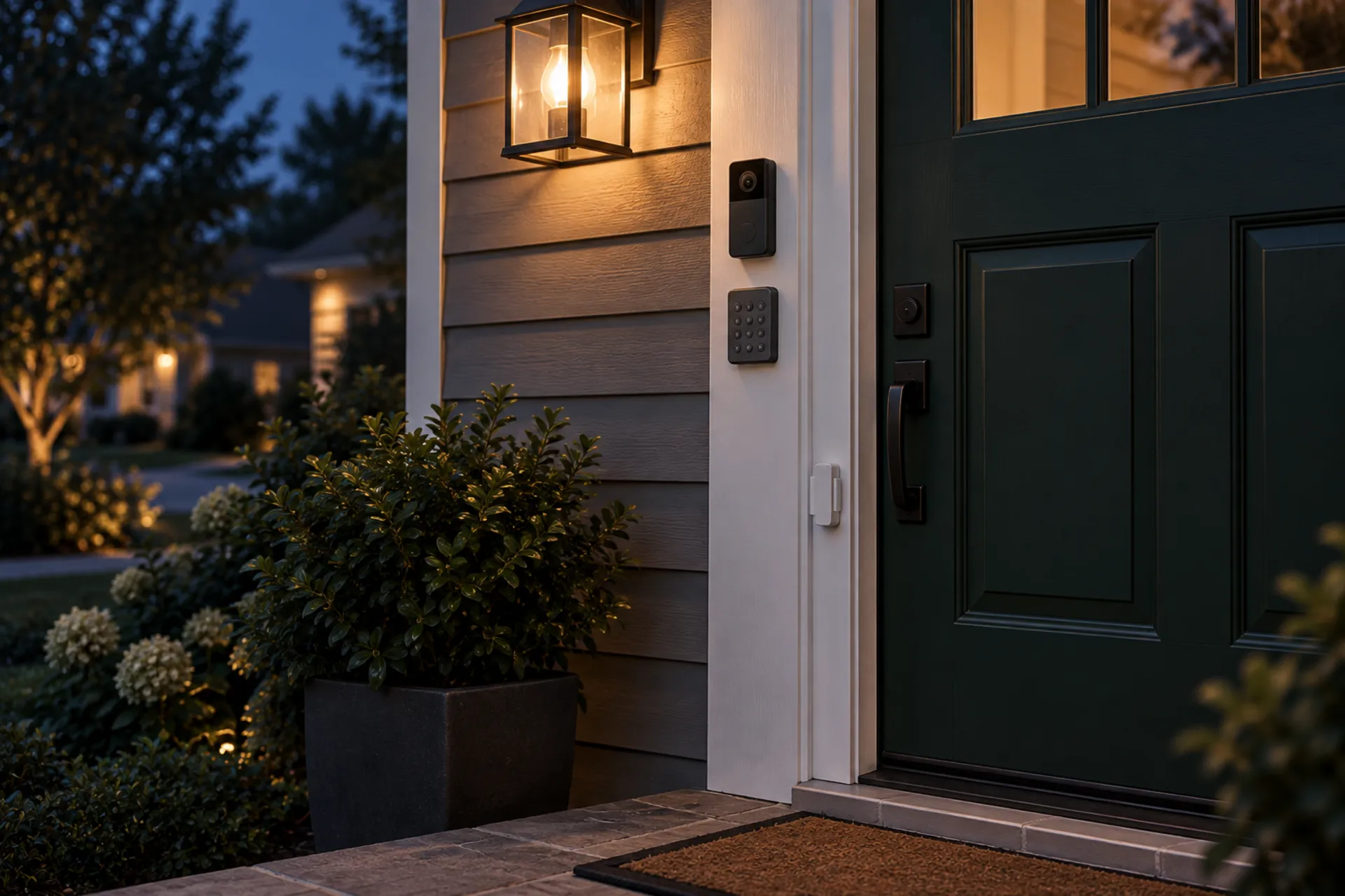 Security keypad and door camera beside a front door at dusk