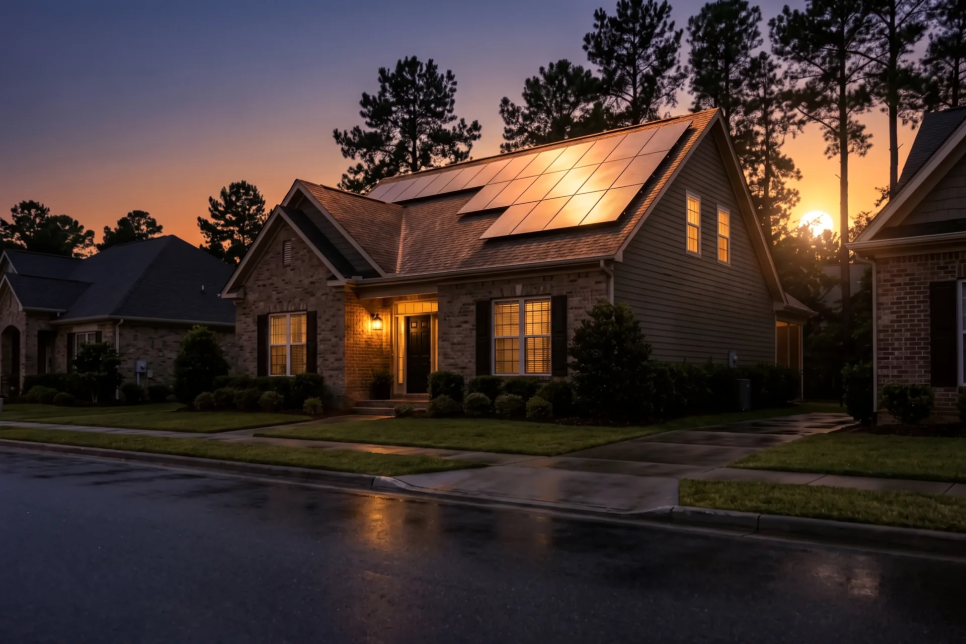 Brick house with solar panels on the roof at sunset, the porch light on and pines behind