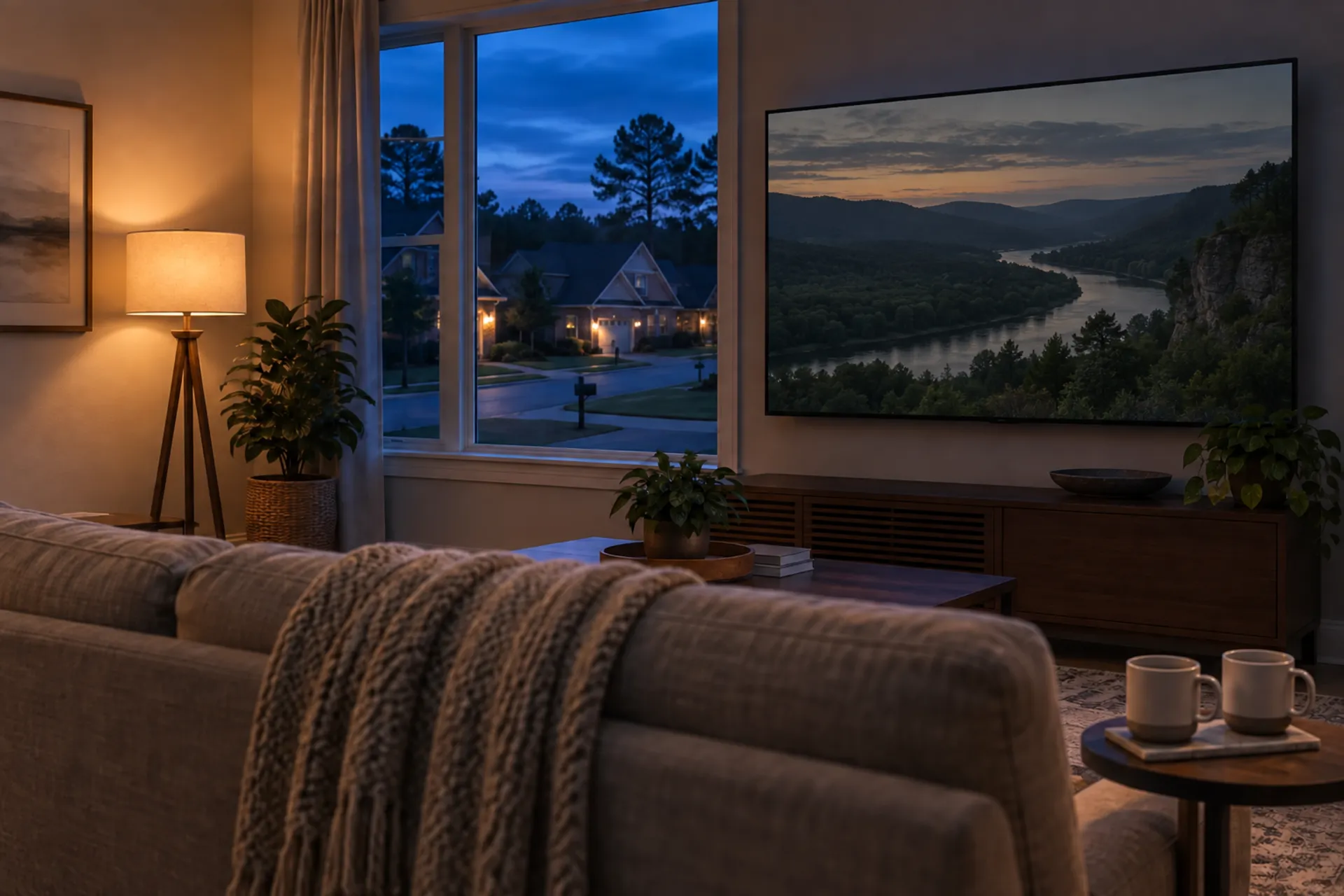 Living room at dusk with a wall-mounted television and the street outside the window